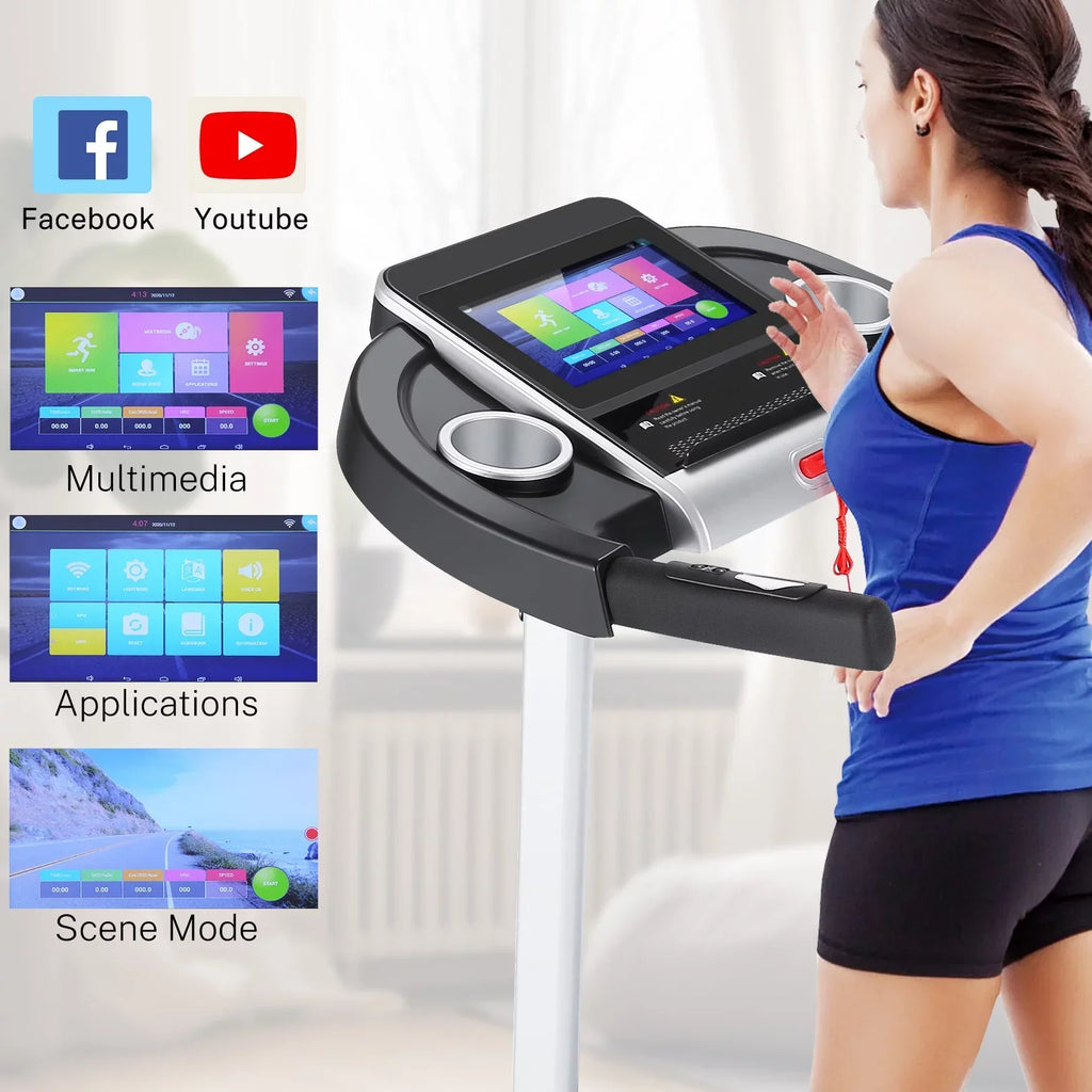 Folding Treadmill With 10 in HD Touchscreen, 3.25HP, 0.5-9MPH, WiFi - Silver
