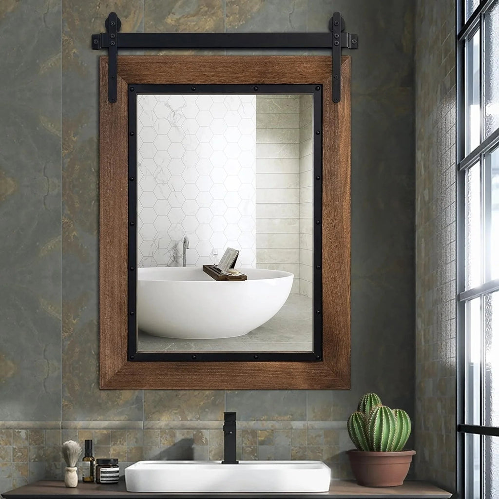COSMOGO Farmhouse Barn Door Style Natural Wood Bathroom Vanity Wall Mirror 24 x 32 in