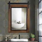 COSMOGO Farmhouse Barn Door Style Natural Wood Bathroom Vanity Wall Mirror 24 x 32 in