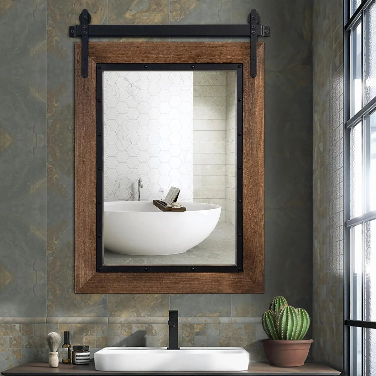 COSMOGO Farmhouse Barn Door Style Natural Wood Bathroom Vanity Wall Mirror 24 x 32 in