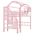 Pink Twin Metal Loft Bed With Roof Design And Storage Box