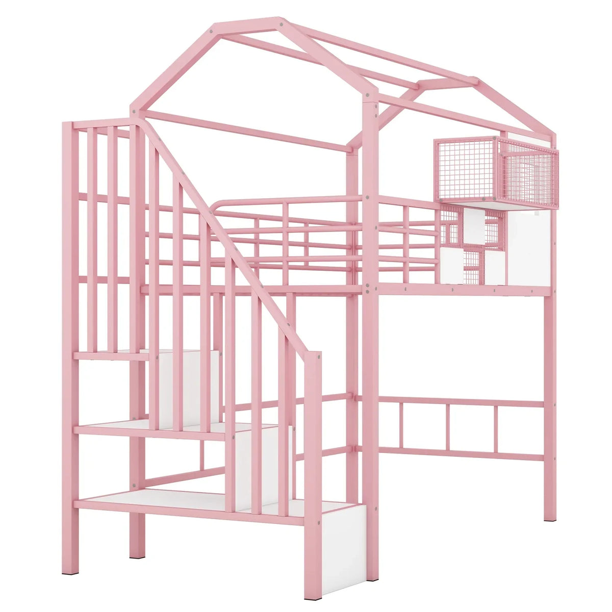 Pink Twin Metal Loft Bed With Roof Design And Storage Box