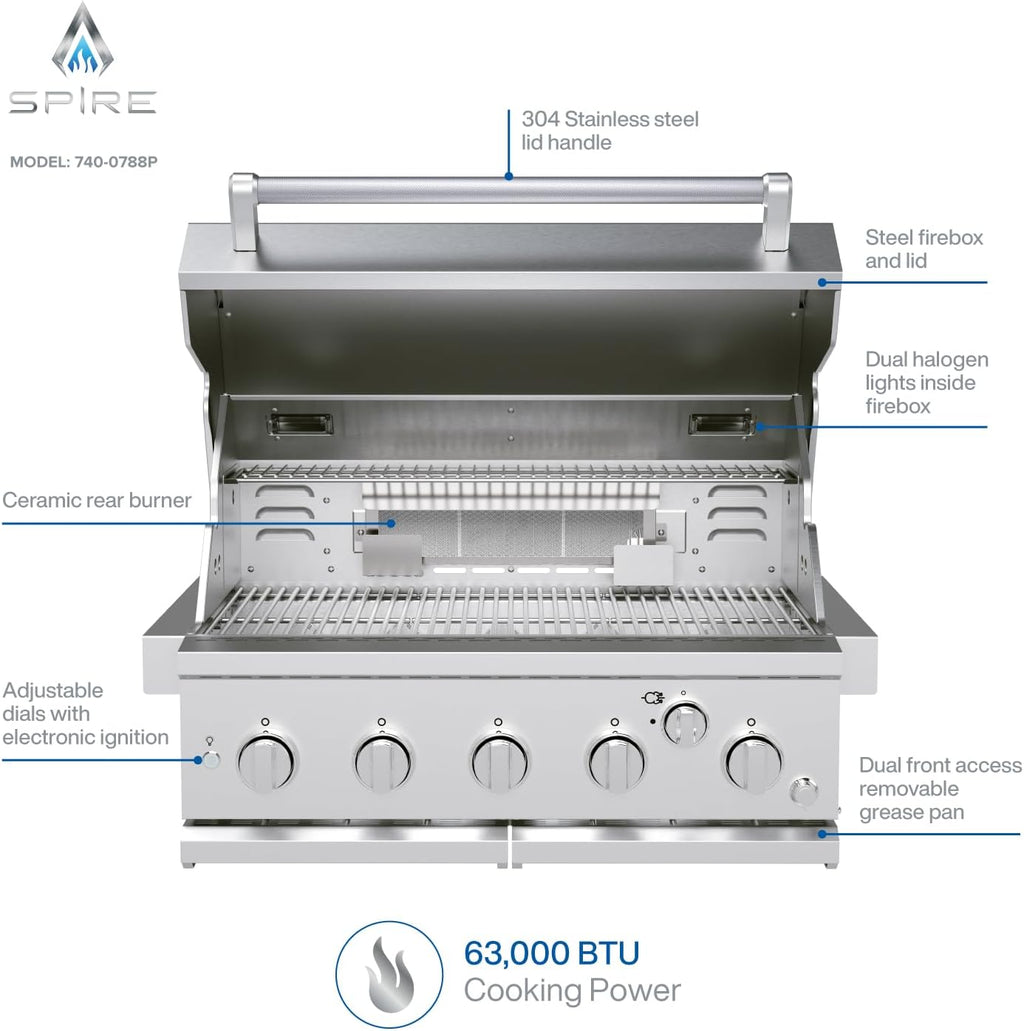 Spire 5 Burner Built-In Propane Gas Grill, Stainless Steel, 30 Inch, 750 SQ In, 63,000 BTUs - 740-0788P