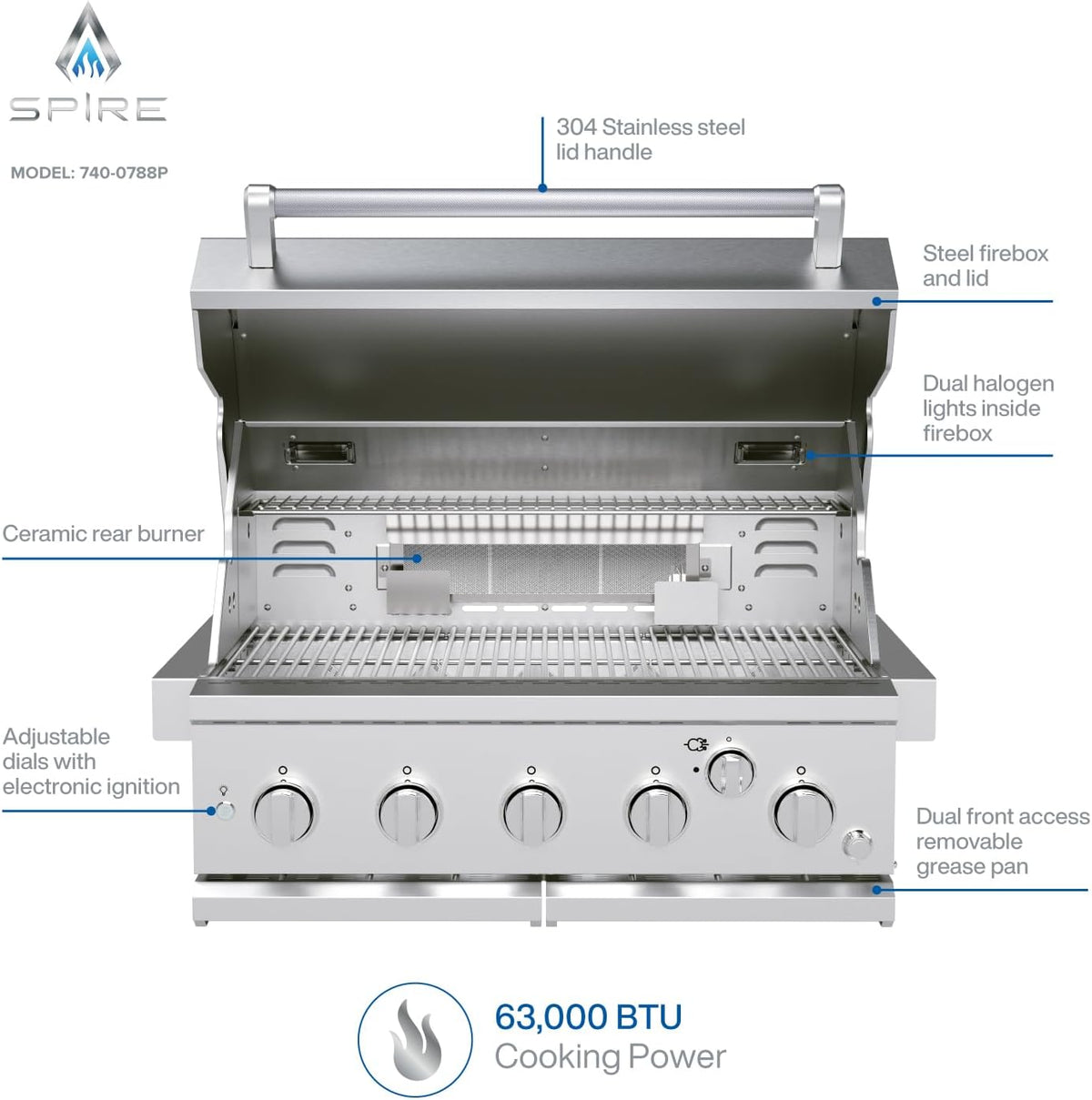 Spire 5 Burner Built-In Propane Gas Grill, Stainless Steel, 30 Inch, 750 SQ In, 63,000 BTUs - 740-0788P