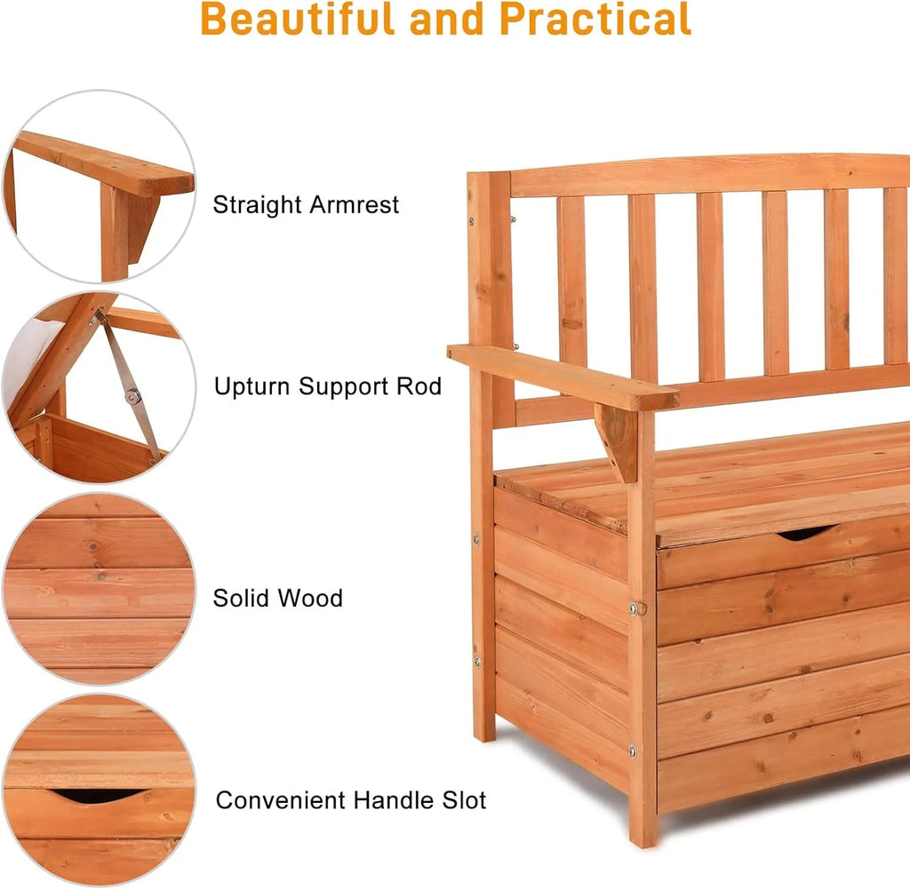 Outvita Outdoor Wood Storage Bench Loveseat With Armrests - 2 Person
