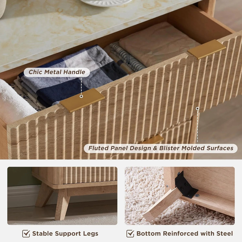 OKD 6-Drawer Dresser With Faux Marble Top, Natural Oak, 16in D x 54in W x 32in H
