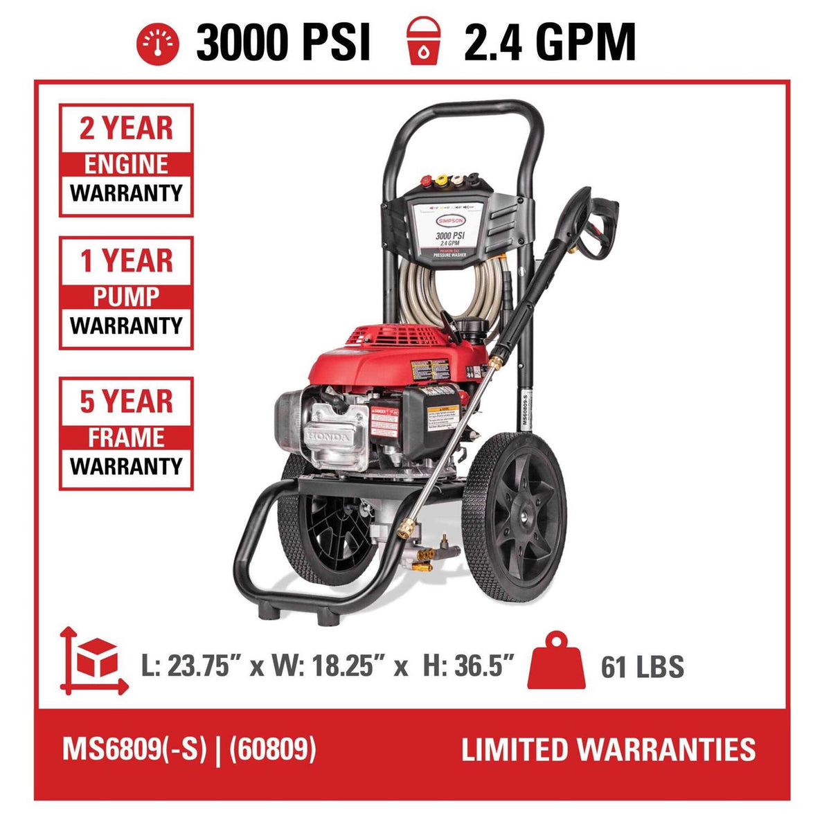 Simpson MegaShot Gas Pressure Washer 3000 PSI 2.4 GPM - MS60809 / MS60809-S