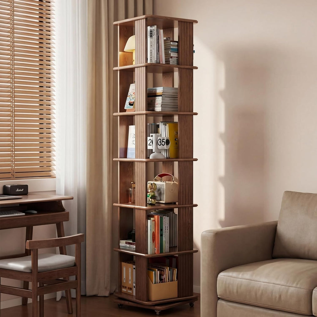 Solid Wood 6-Tier 360 Degree Rotating Rolling Bookshelf - Walnut