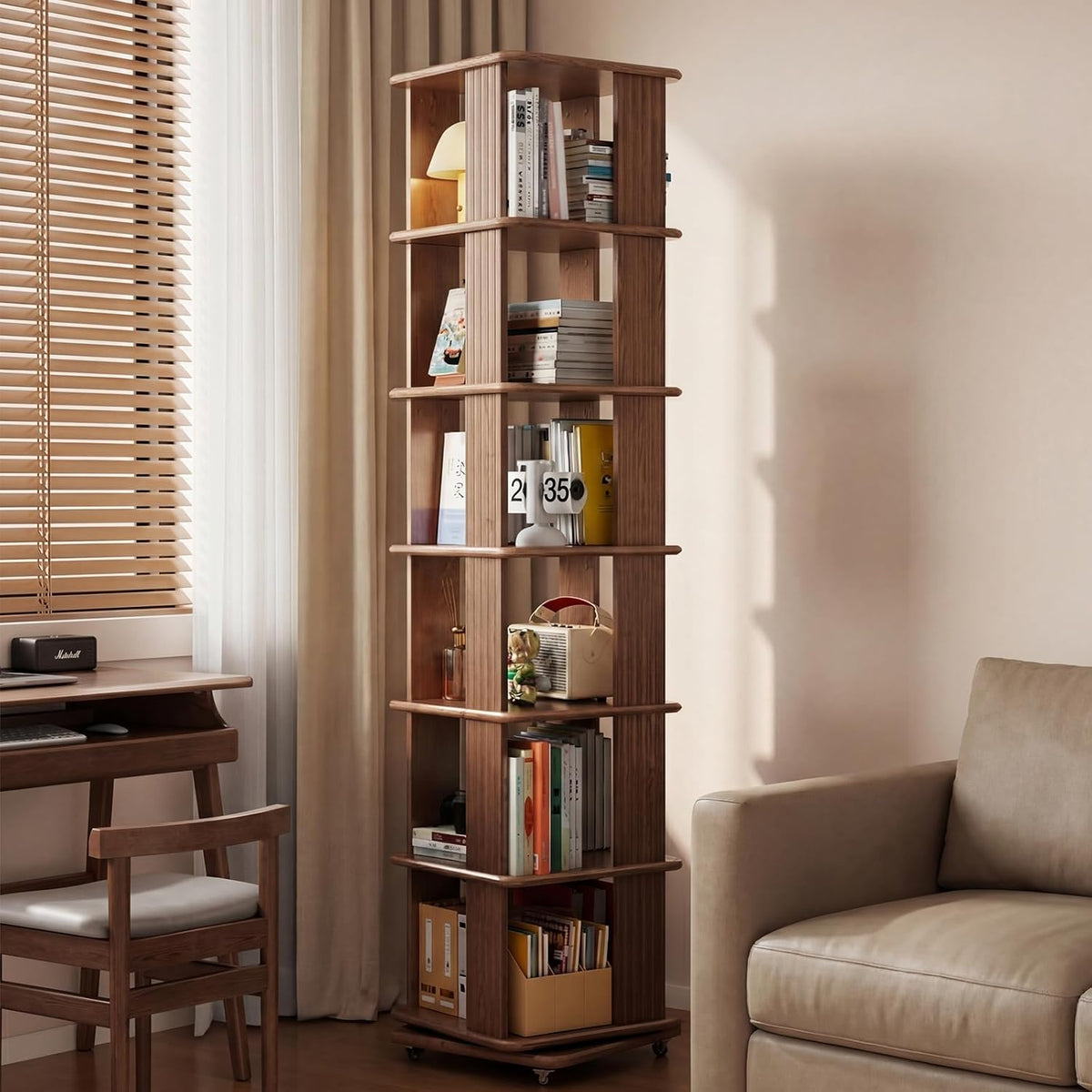 Solid Wood 6-Tier 360 Degree Rotating Rolling Bookshelf - Walnut