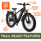 Ozark Trail Electric Fat Tire Bike, 26in, 48V, Class 2, Black, Fits Riders 5ft 2in - 6ft 1in - M.3 Ranger+