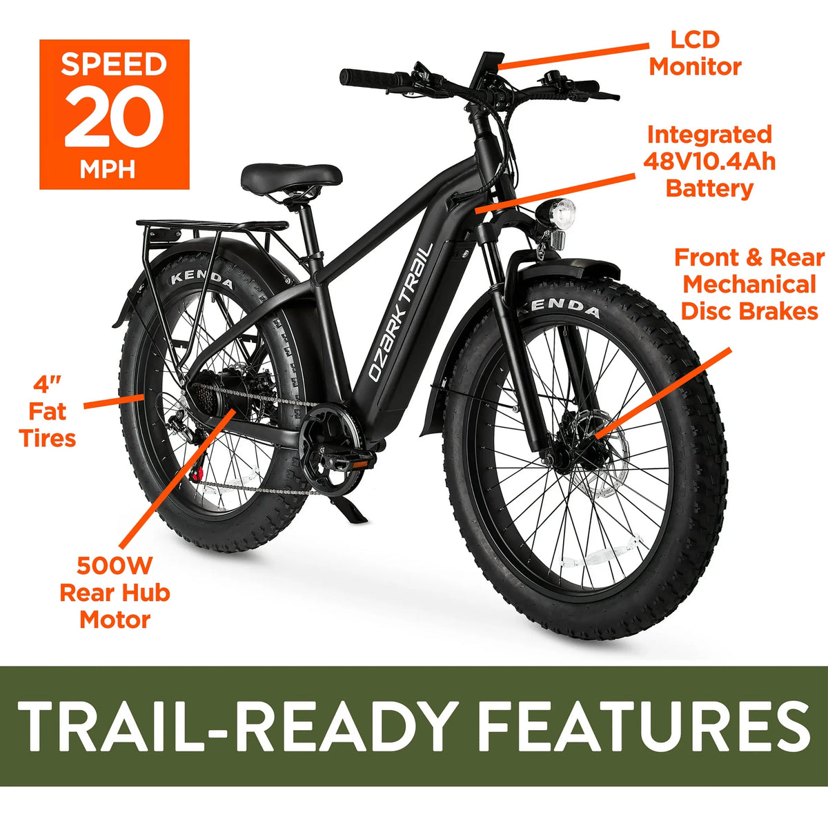 Ozark Trail Electric Fat Tire Bike, 26in, 48V, Class 2, Black, Fits Riders 5ft 2in - 6ft 1in - M.3 Ranger+