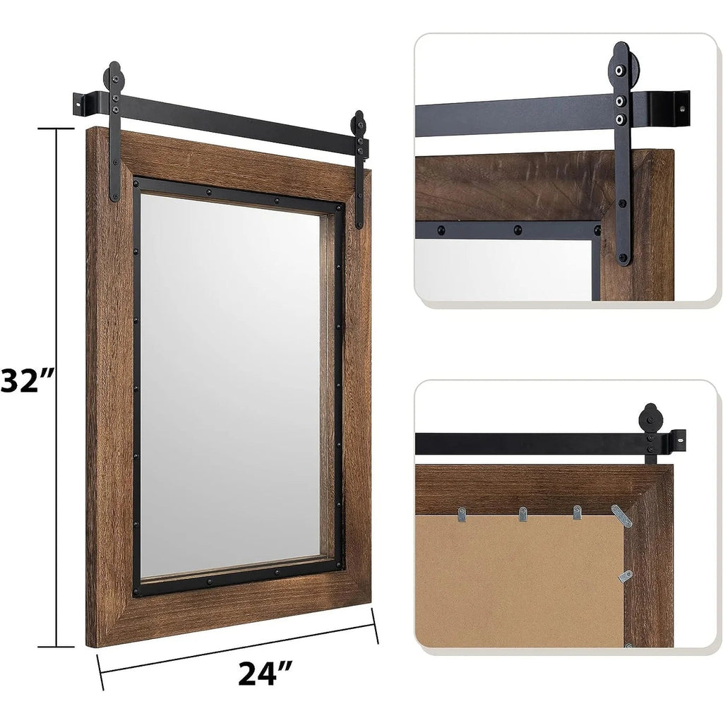 COSMOGO Farmhouse Barn Door Style Natural Wood Bathroom Vanity Wall Mirror 24 x 32 in