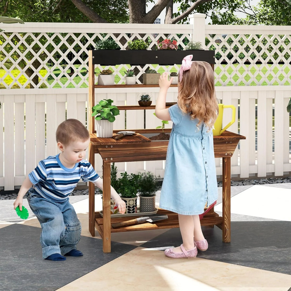 DORTALA Kids Potting Bench Mud Kitchen, Fir Wood, 4 Pots, 28 x 16 x 36 in