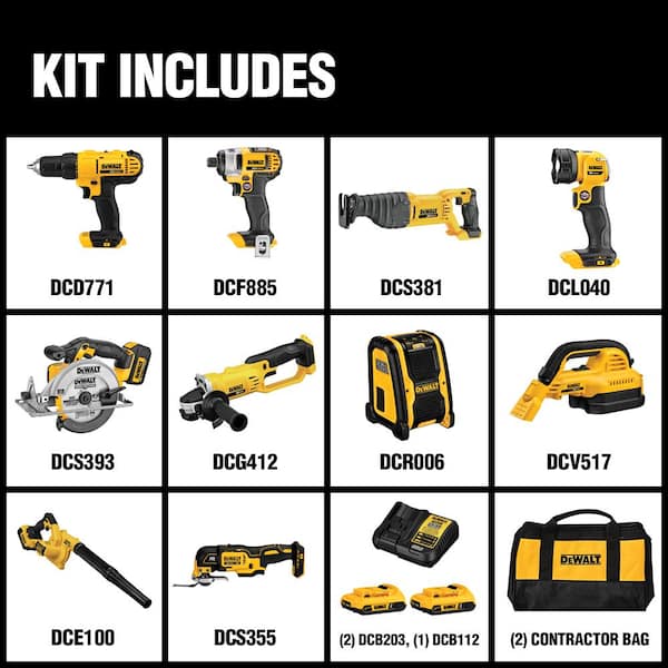 DEWALT 20V MAX Cordless 10 Tool Combo Kit With (2) 20V 2.0Ah Batteries, Charger And Bag - DCK1020D2