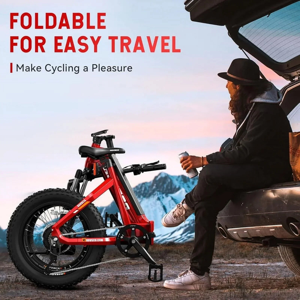 HOVSCO Folding Electric Bike, 750W Step-Thru 20 Inch Fat Tire Ebike, 28 MPH, 48V 15Ah Removable Battery, Red