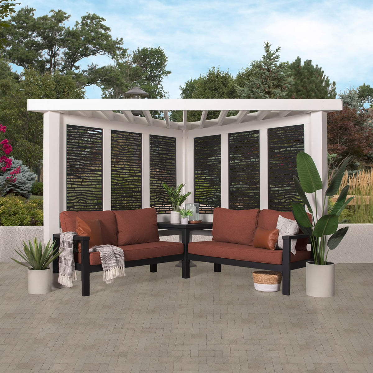 Backyard Discovery Galvanized Steel Corner Pergola With Seating, White, 12x8' - Ridgedale