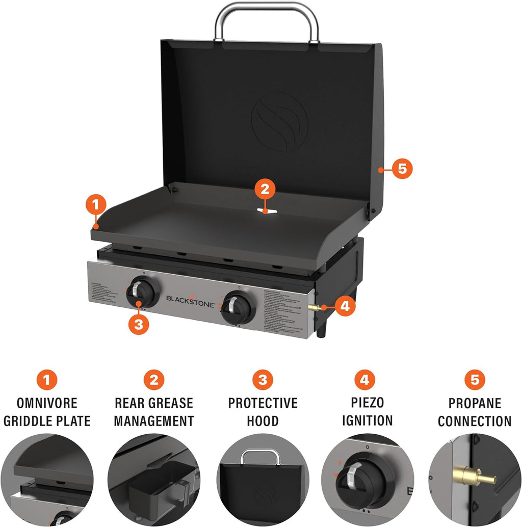Blackstone 22 inch Tabletop Griddle With Hood, Stainless Steel Front Plate, Black - 1813