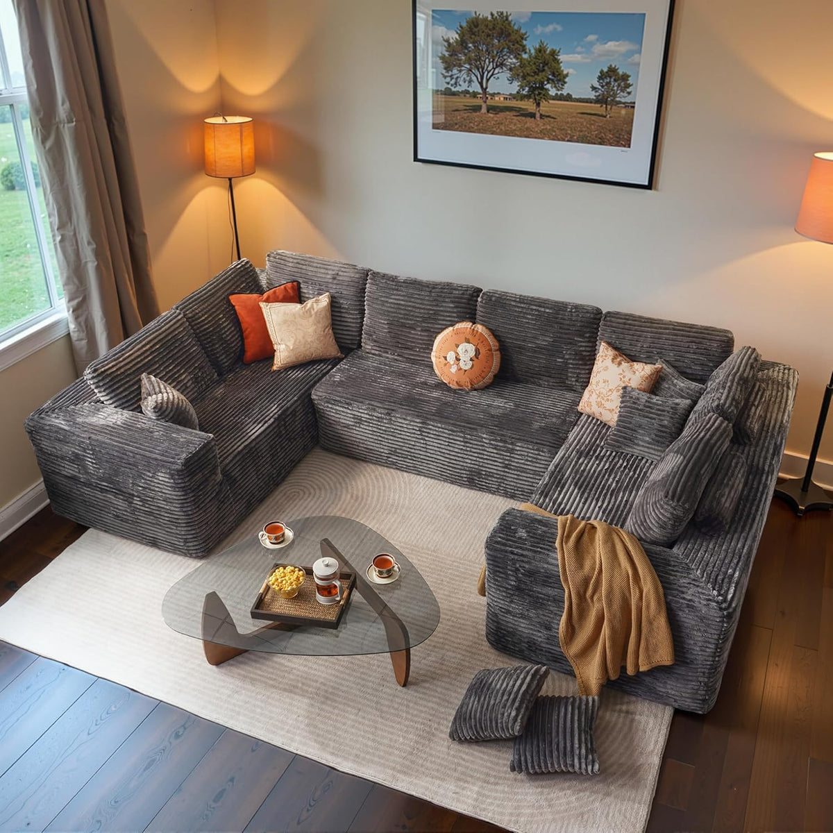ovios 104in L-Shape Sectional Sofa With Chaise, Grey Plush Corduroy Fabric