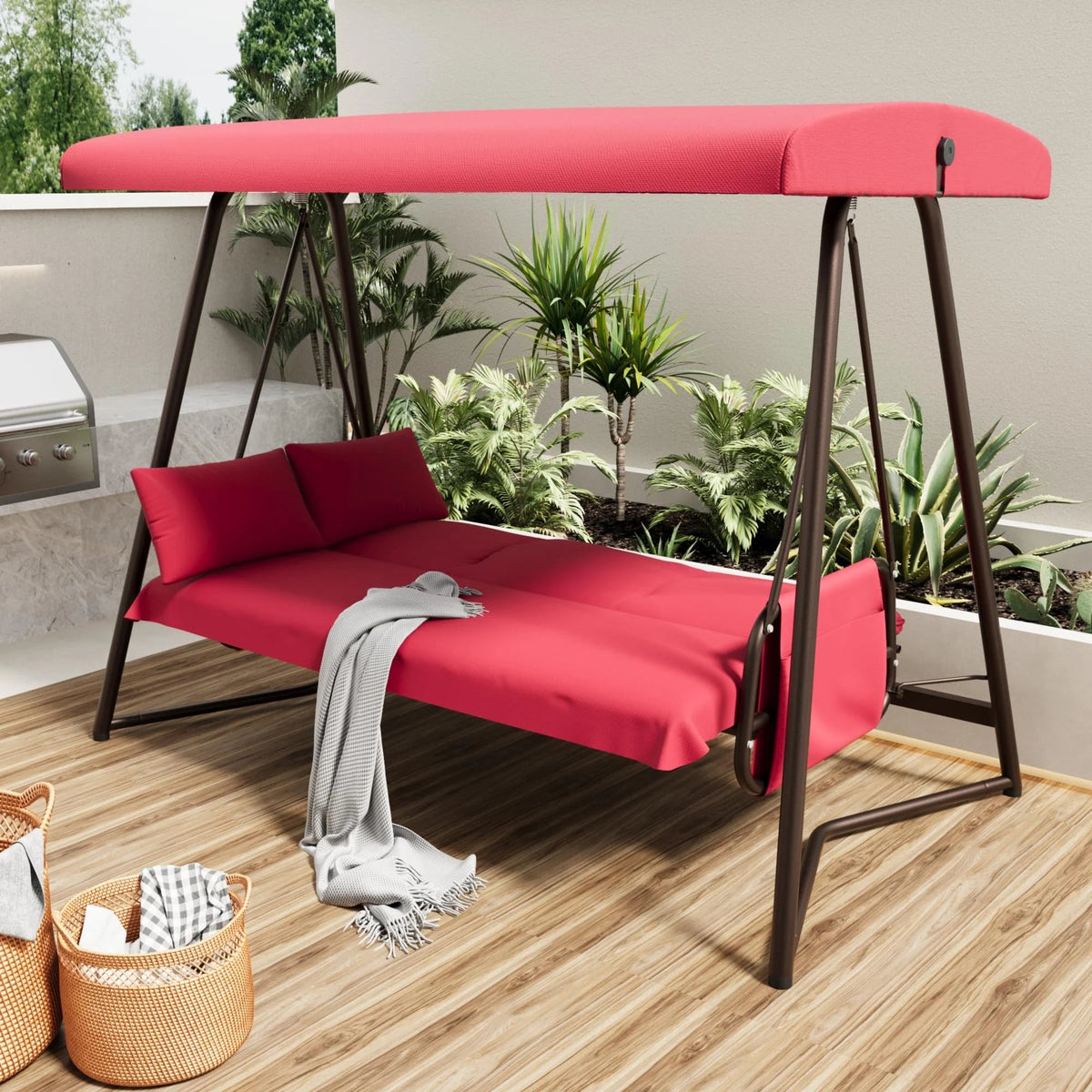 TQKVIPI 4 Person Outdoor Porch Swing Bed With Adjustable Backrest Canopy - 800 lbs Capacity