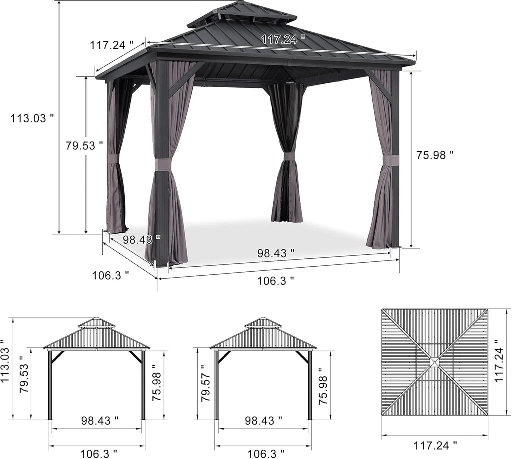 PURPLE LEAF Outdoor Hardtop Gazebo, 8' X 8', Galvanized Steel Double Roof, Aluminum Frame, Grey