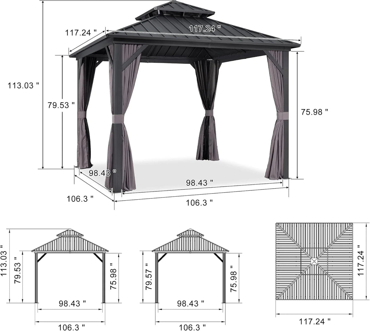 PURPLE LEAF Outdoor Hardtop Gazebo, 8' X 8', Galvanized Steel Double Roof, Aluminum Frame, Grey