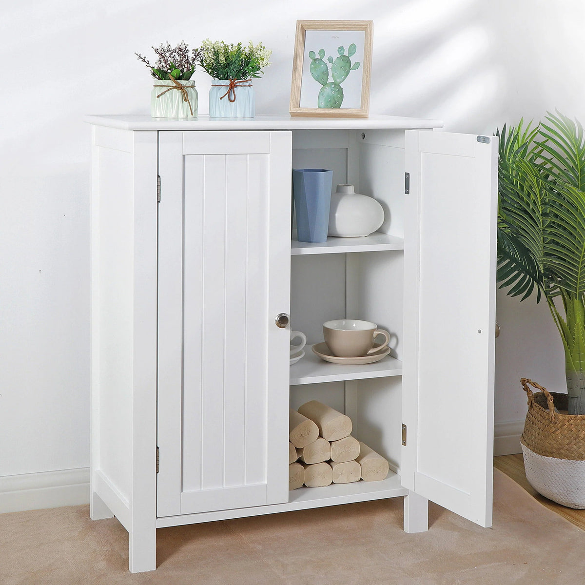 HomGarden 2-Door Bathroom Floor Storage Cabinet With Adjustable Shelves, 11.8in W, White