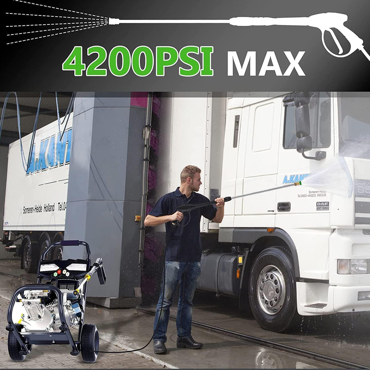 Gas Pressure Washer 4200 PSI 4.0 GPM, 212CC Engine, 5 Nozzles, 25ft Hose, 0.5Gal Soap Tank - 20FT x 1/4 Black