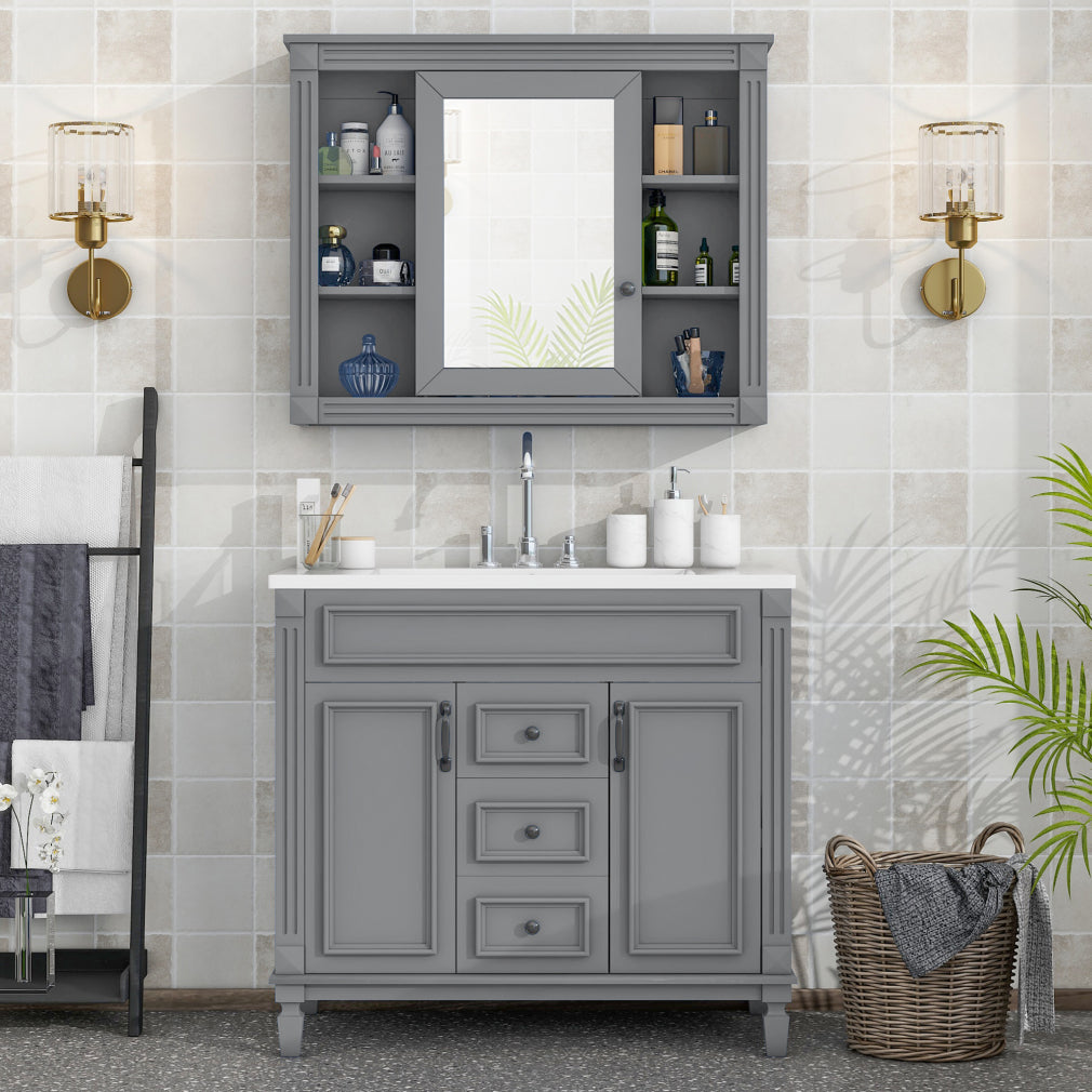 36'' Bathroom Vanity Set With Ceramic Sink Top, Mirror Cabinet, 2 Doors And 2 Drawers - Gray