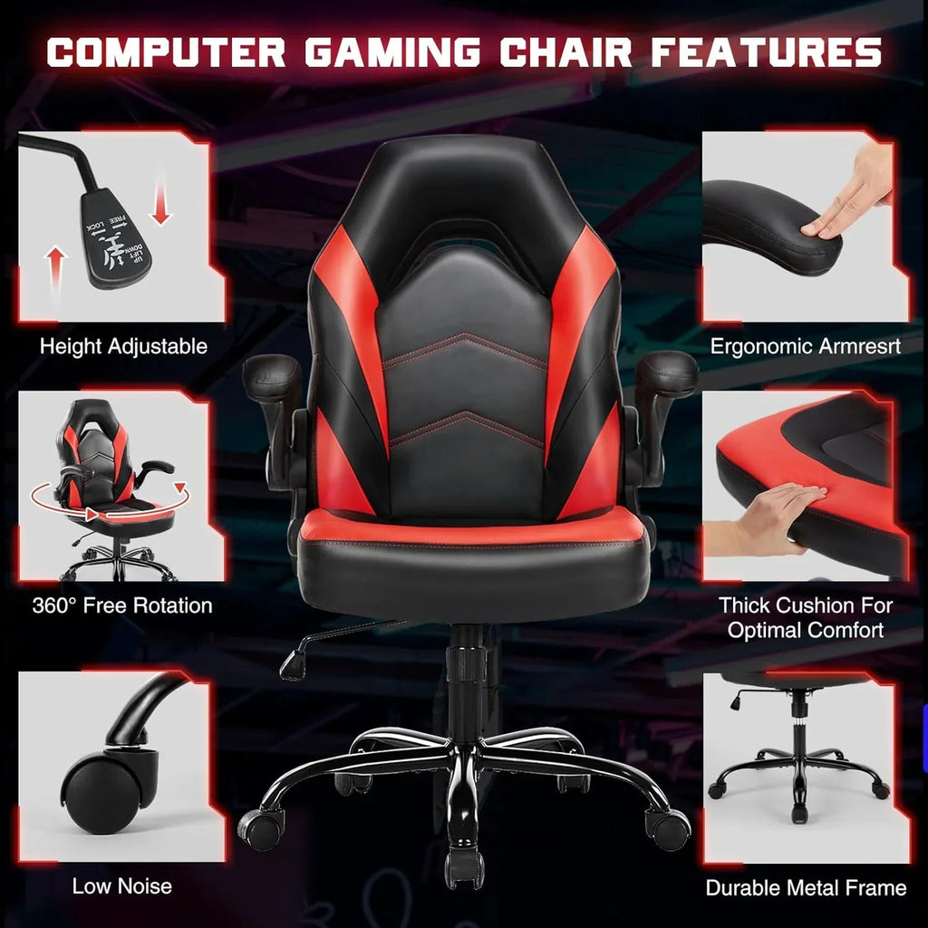 Ergonomic Computer Gaming Chair With PU Leather, Lumbar Support, And Flip-Up Armrests