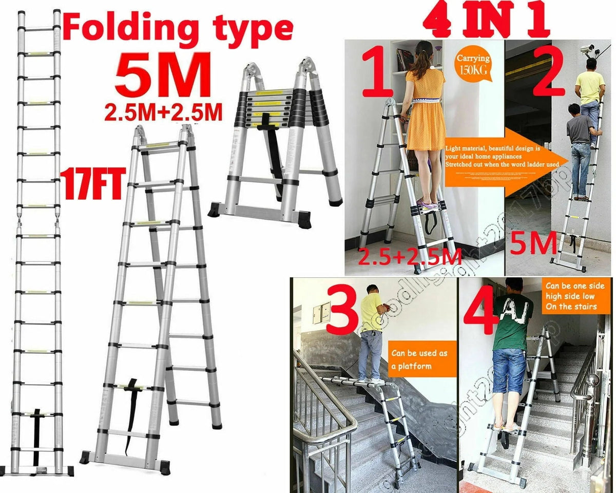 Bowoshen Telescopic Ladder 16.5 ft Aluminum 8 x 2 Steps 330 lb