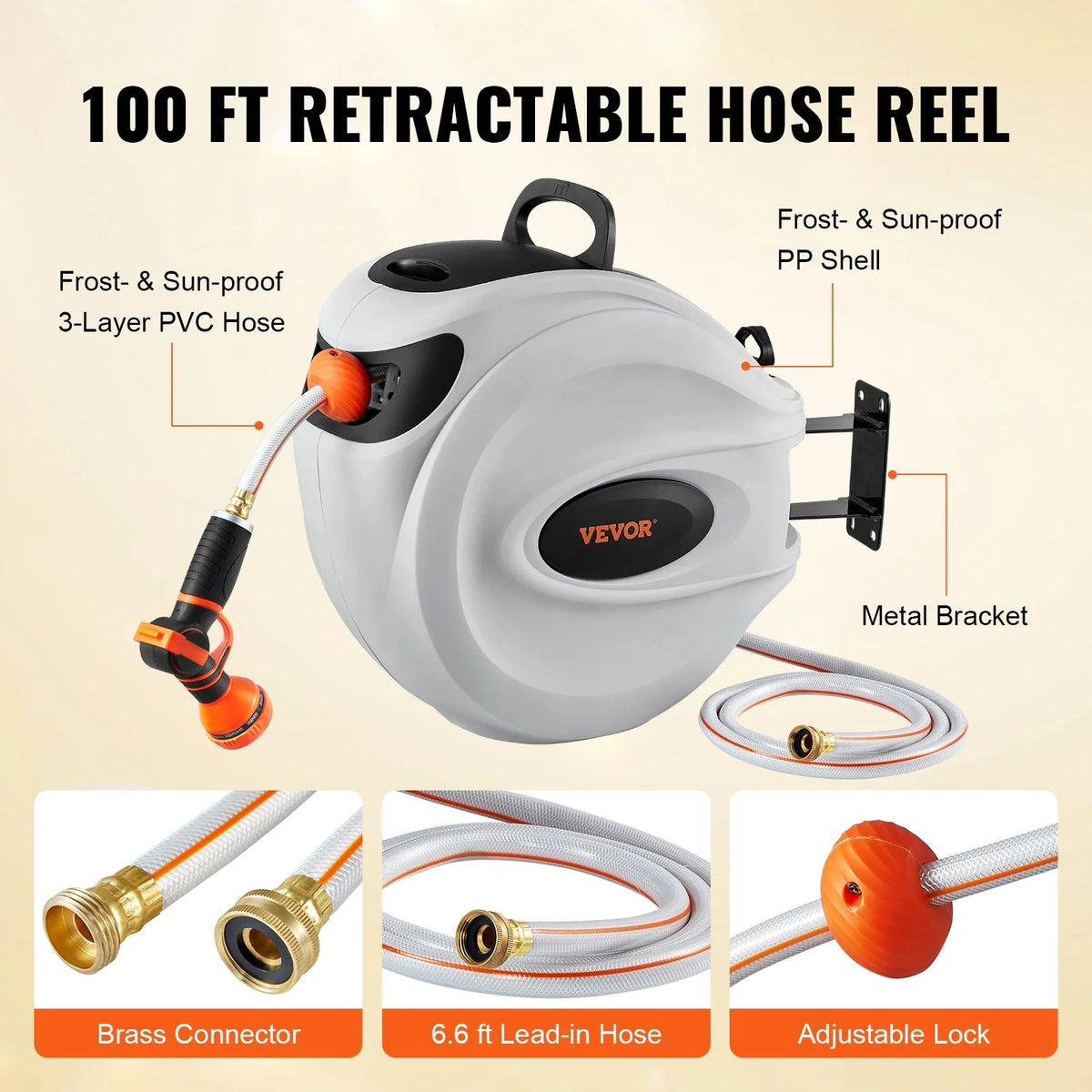 VEVOR Retractable Garden Hose Reel, 100 ft x 1/2 inch, Wall-Mounted With 9-Pattern Nozzle
