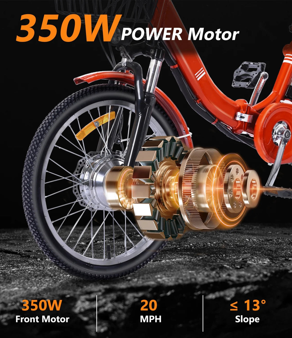 NOMIGO Folding Electric Tricycle for Adults, 3 Wheel, 350W, 48V13AH Lithium Battery, Orange