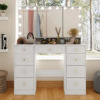 Makeup Vanity Dresser With Tri-Fold Mirror, Glass Top And 15 Bulbs - 40.2 x 53.6 x 19.7