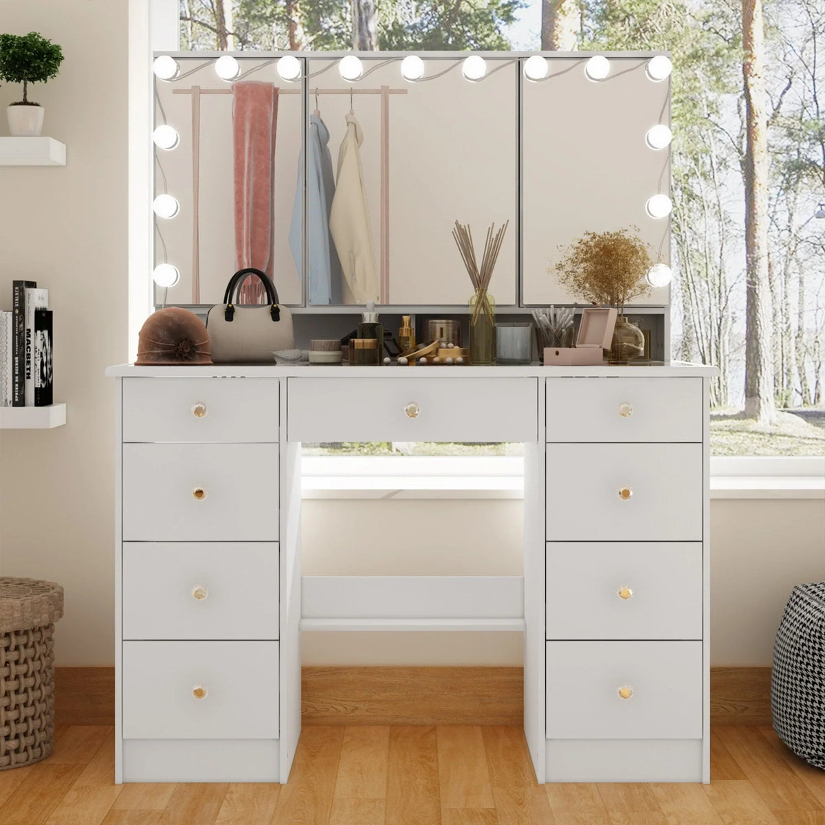 Makeup Vanity Dresser With Tri-Fold Mirror, Glass Top And 15 Bulbs - 40.2 x 53.6 x 19.7