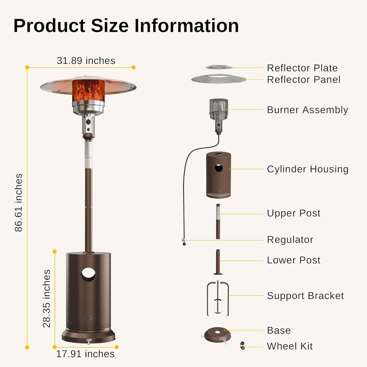 EAST OAK Patio Heater 50 000 BTU Bronze 31.9 in x 31.9 in x 86.6 in
