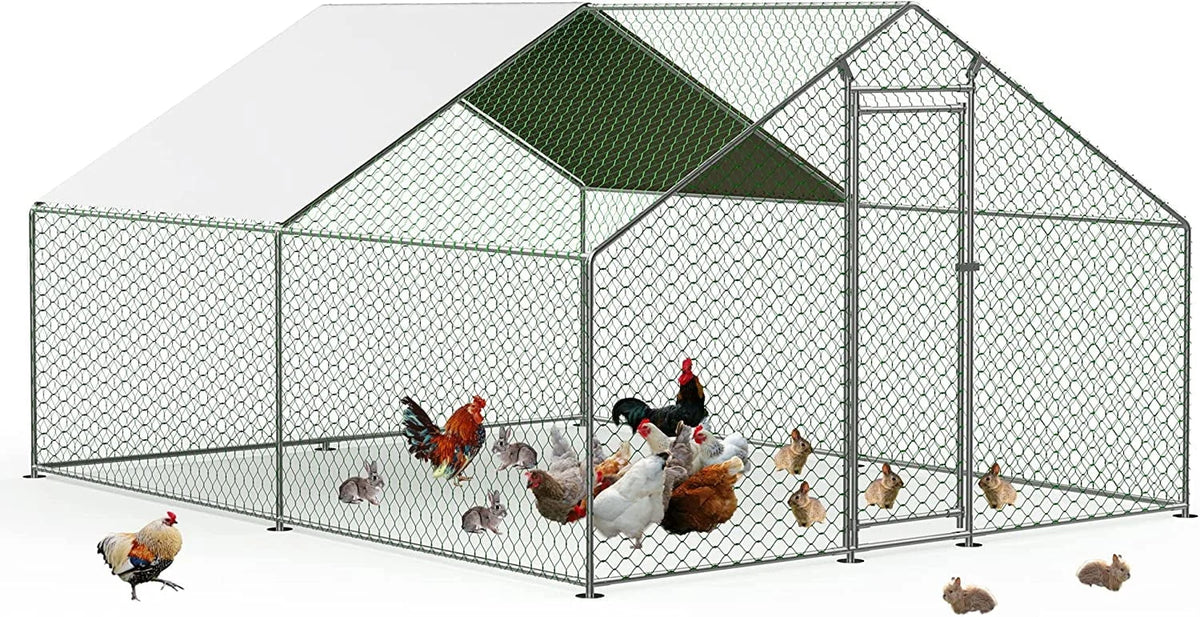 Metal Walk-In Chicken Run Cage With Cover, 10'L X 6.6'W X 6.56'H