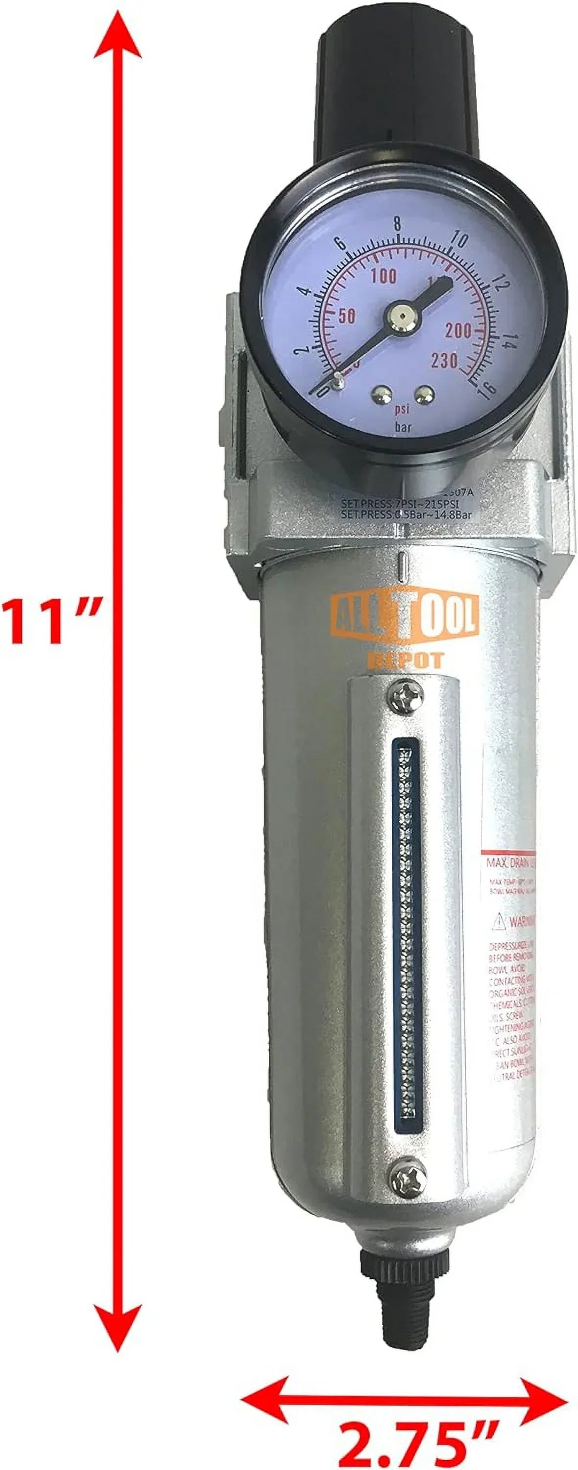 Compressed Air Inline Filter Regulator Combo, Metal Bowl, 5 Micron, 7 To 175 PSI, Auto Drain