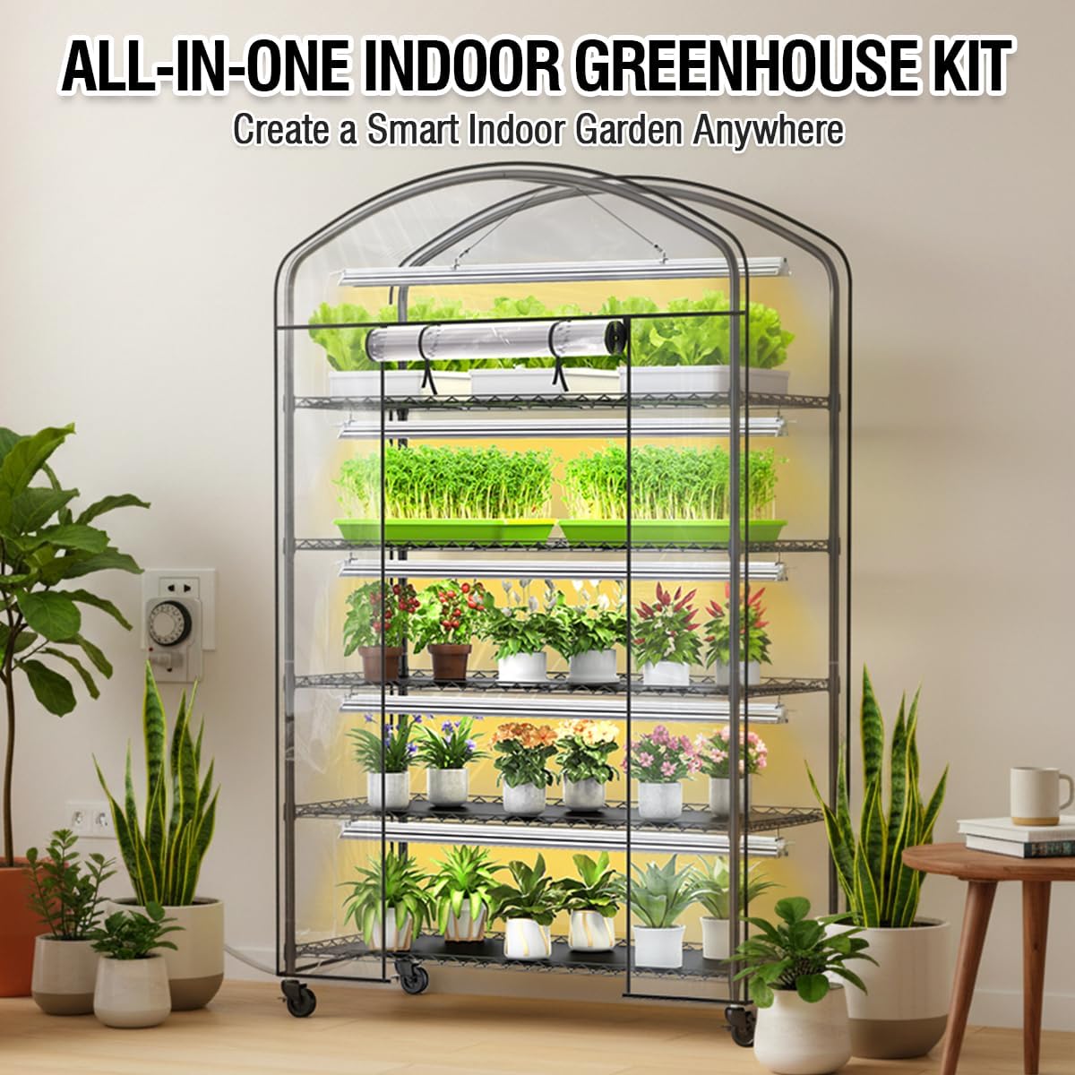 5-Tier Metal Indoor Greenhouse With Grow Lights And PVC Cover - 49 x 21.6 x 79 inch