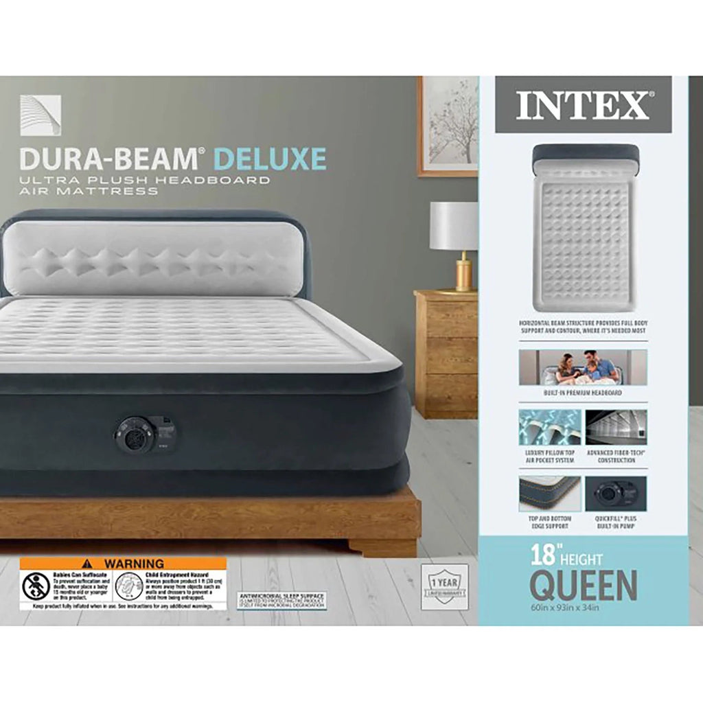 Intex Dura-Beam Deluxe Ultra Plush Headboard Queen Airbed, Gray, 18in, Built-In Pump - 64447ED
