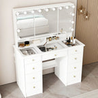 Makeup Vanity Dresser With Tri-Fold Mirror, Glass Top And 15 Bulbs - 40.2 x 53.6 x 19.7