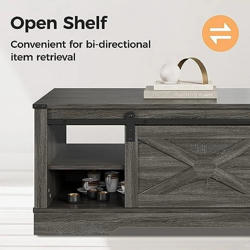 AYFDEGT Farmhouse Coffee Table 48 x 22 inch With Sliding Barn Door And Open Shelves