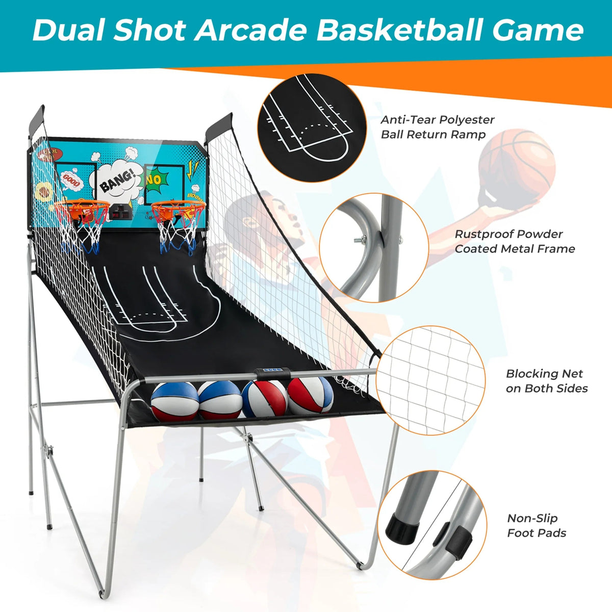 Costway Dual Shot Basketball Arcade Game, Blue, 8 Game Modes, 81in x 43in x 81in