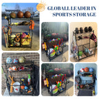 Garage Sports Equipment Storage Organizer, Steel, 36.2in x 16.5in x 44.3in - 2 Bins, 1 Basket, 1 Ball Rack