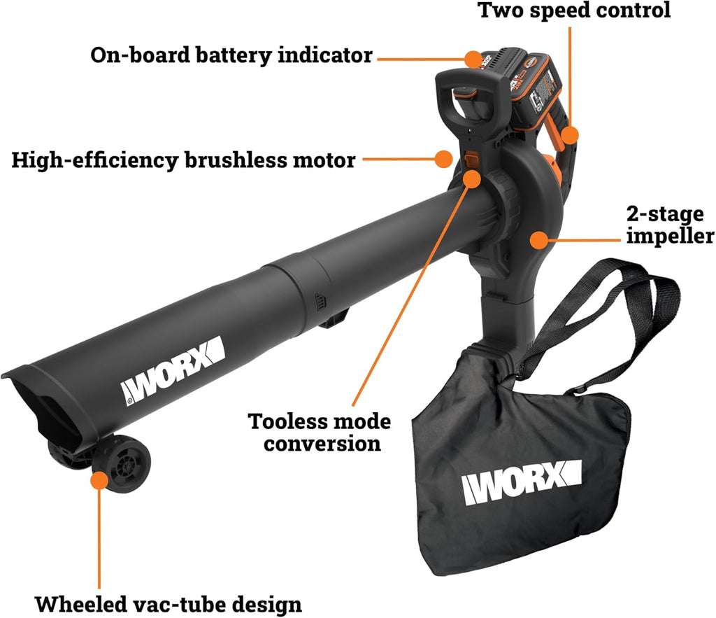WORX 40V Cordless Leaf Blower, Vacuum And Mulcher With 2 x 4.0 Ah Batteries And Charger - WG583