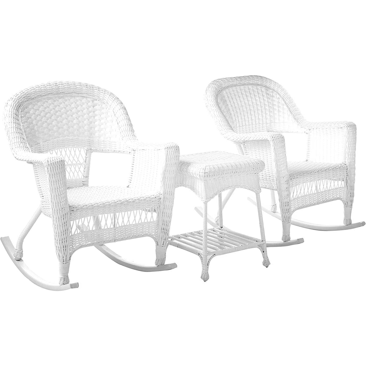 Jeco Resin Wicker Outdoor Patio Rocker Chair And End Table Set, 3-Piece, White