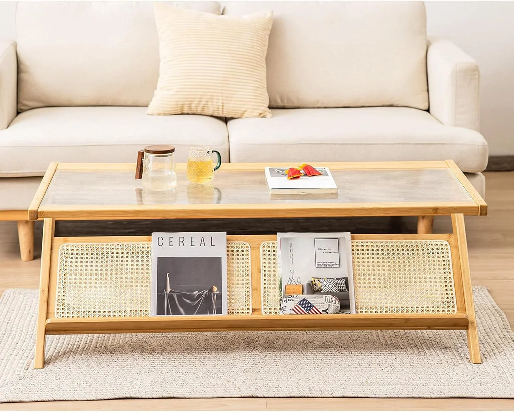 Bamboo 2-Tier Rectangular Coffee Table With Glass Tabletop And Rattan Storage Shelf - Natural