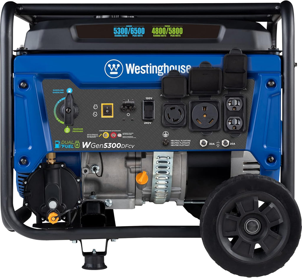 Westinghouse Dual Fuel Portable Generator 6500 Watt, Transfer Switch Ready, RV Ready, CO Sensor