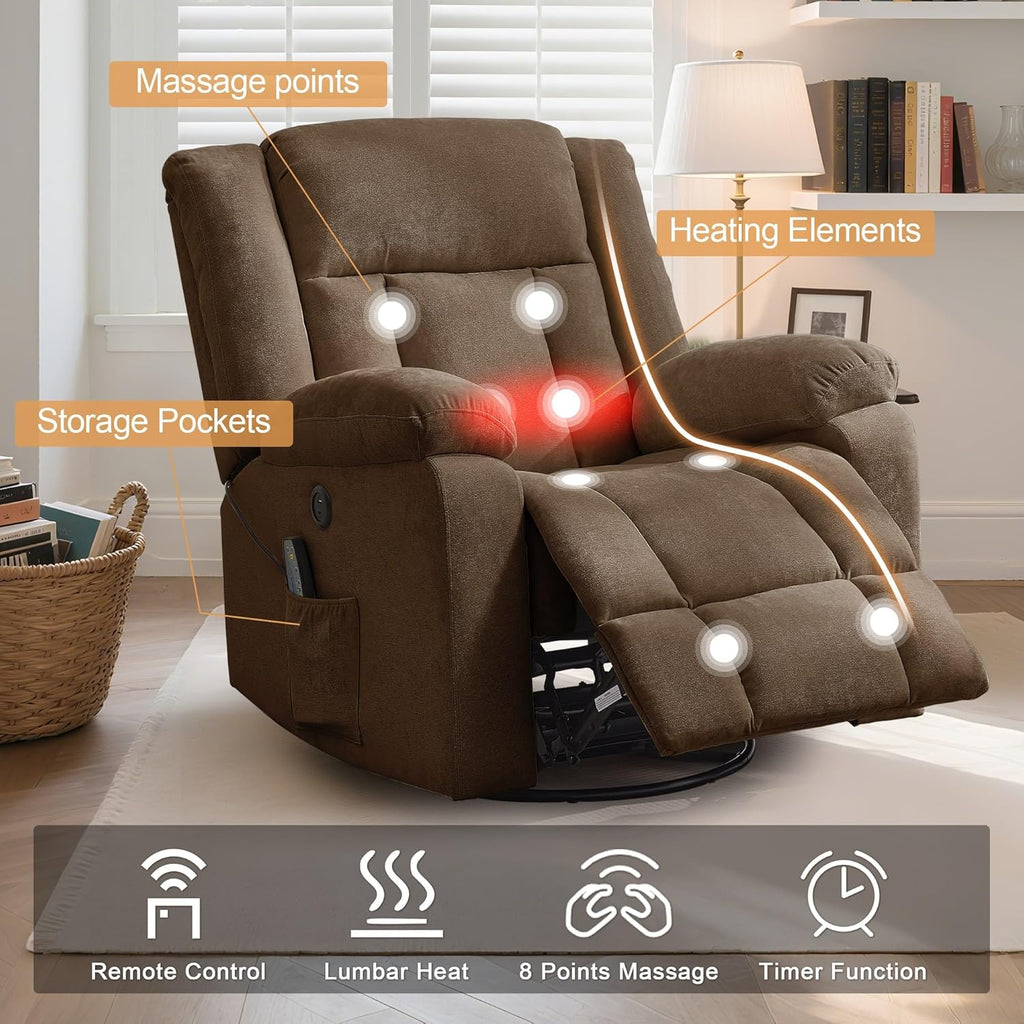 Korser Swivel Rocker Recliner Chair With Massage, Heating, USB Charging And Storage