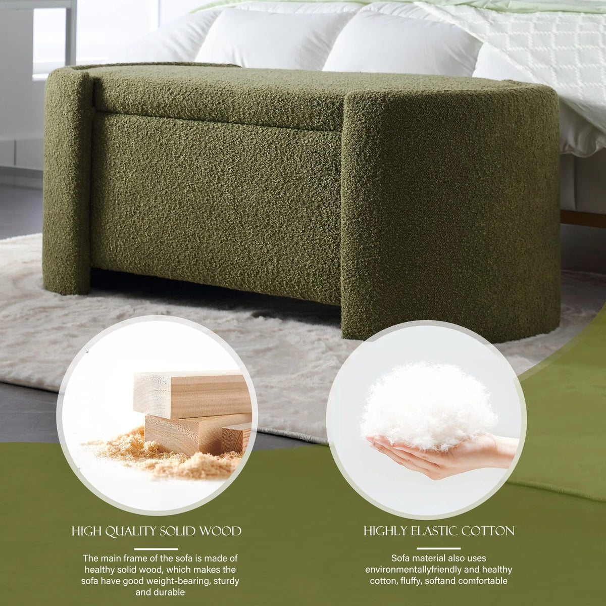 KINFFICT Velvet Upholstered Storage Ottoman Bench, 43.3 inch, Green