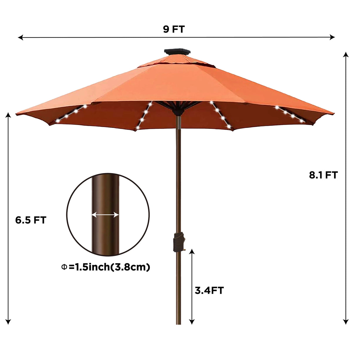 EliteShade 9ft Market Patio Umbrella With 80 LED Lights, Ruby